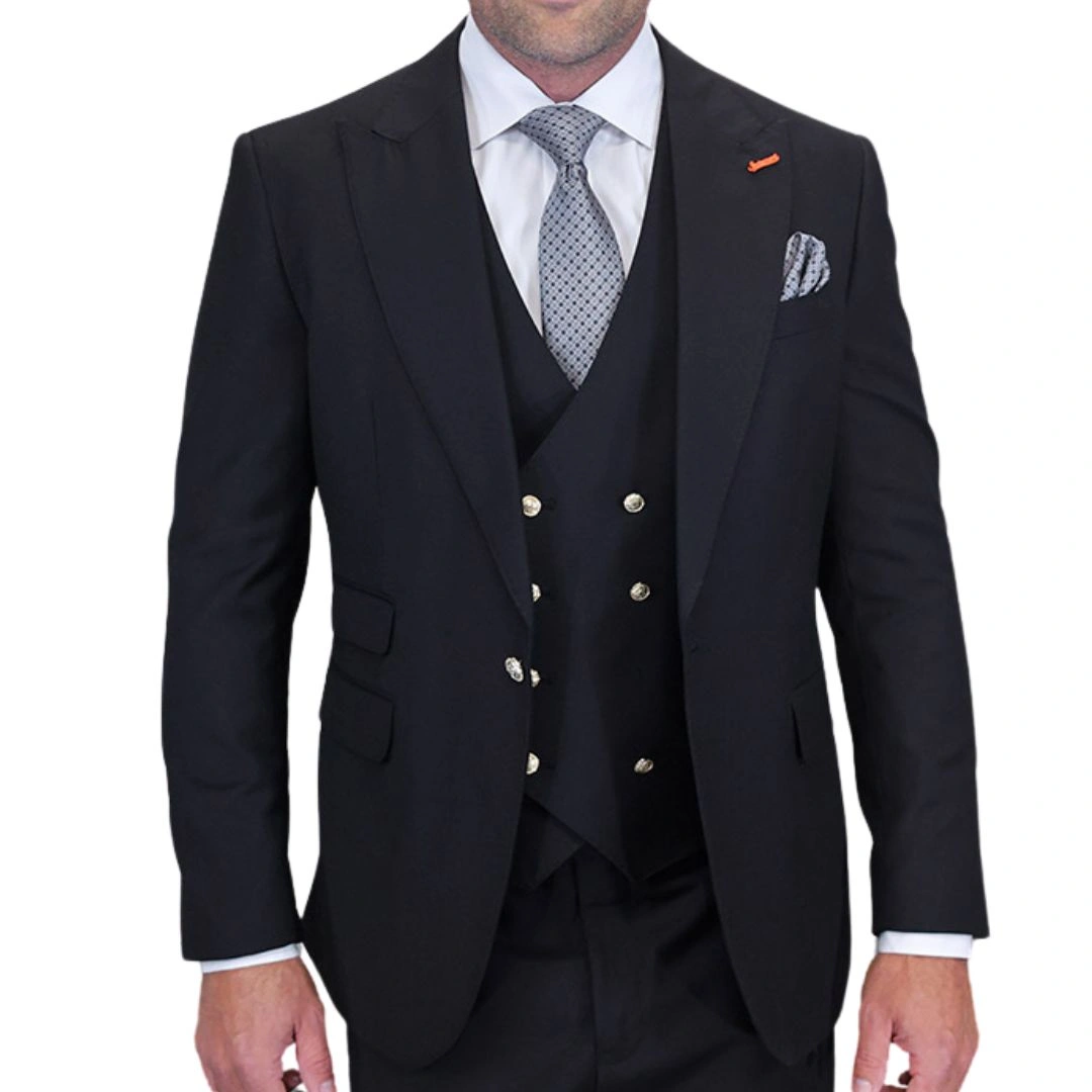 Aether Crest: Elegante Traje Negro de Tres Piezas, Corte Moderno. ¡Impresiona!
