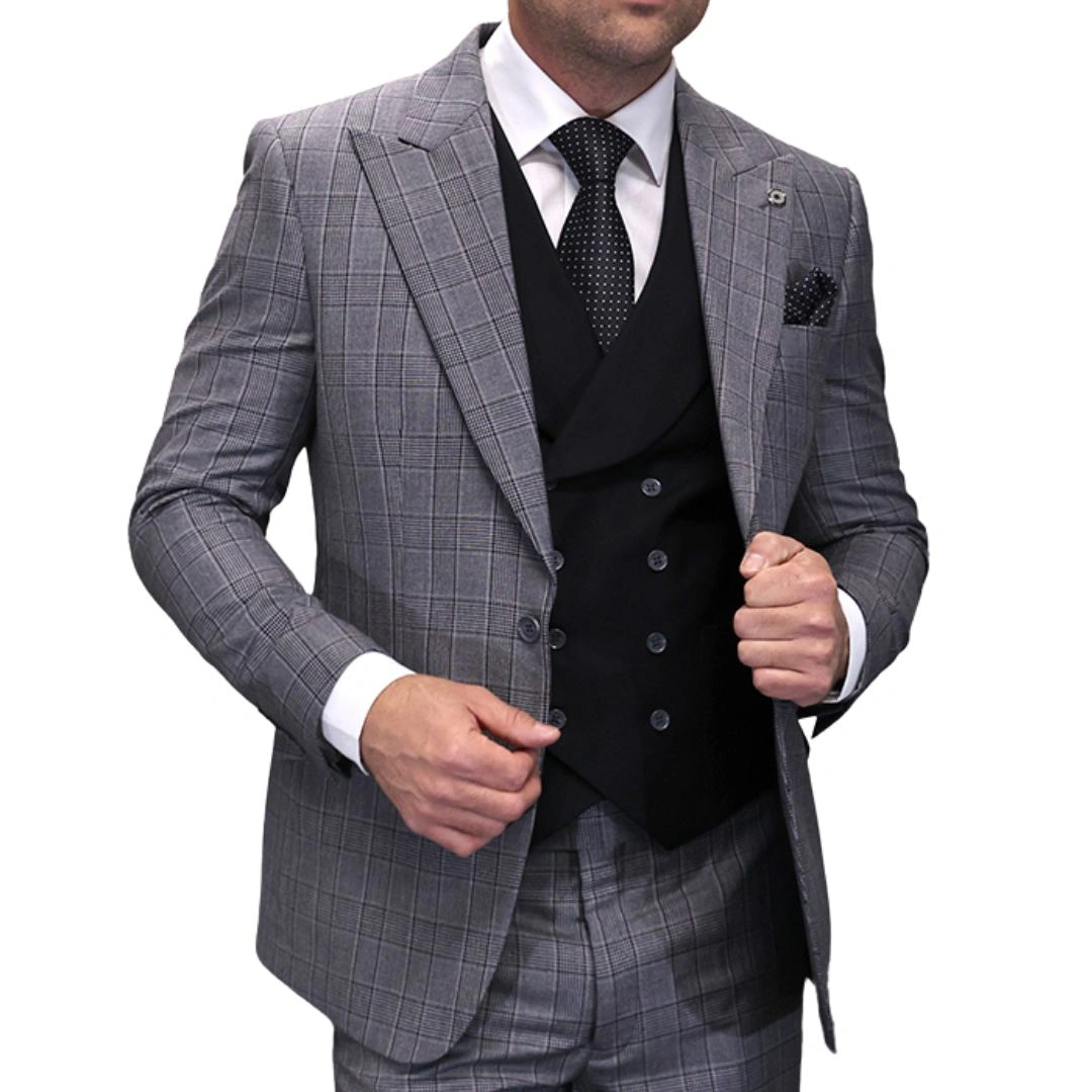 El Elegante Aegis: Traje de 3 Piezas a Cuadros Negro Moderno, Un Toque de Clase.